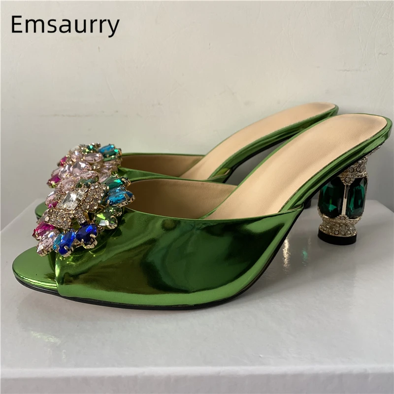 Colorful Rhinestone Buckle Decor Sandals Women Luxury Patent Leather Slingbacks Diamond Heel Summer Shoes For Girls