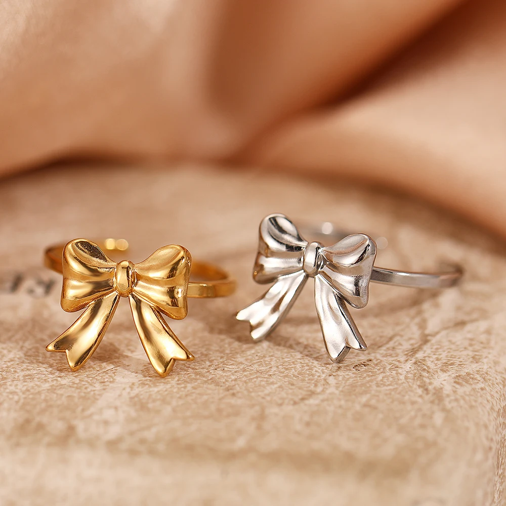 DOTIFI  Stainless Steel Bow Open Ring Female French Elegant Romantic Princess Noble Simple Design Jewelry Accessories Gifts