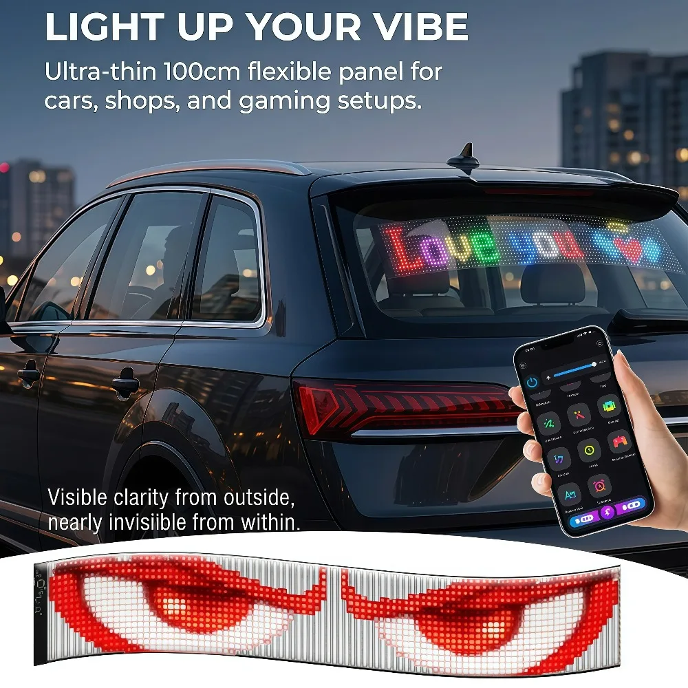 100cmx16cm LED Devil Eyes Light for Windshield, App Controlled Animated Windshield LED with Custom Text & Graphics