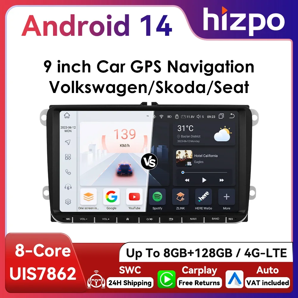 Autoradio Hizpo 9 pouces CarPlay Android Auto pour VW Volkswagen Golf Passat B6 B7 Skoda Seat Octavia Polo Tiguan RDS DSP GPS BT 4G