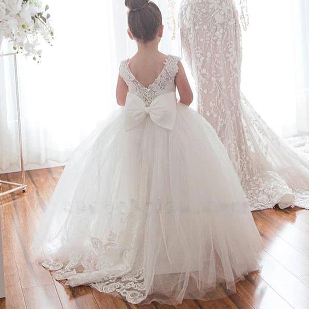 BABYONLINE Ivory White Flower Girl Dresses Floral Lace Appliques Sleeveless Princess Dress Bow Tulle Train Bridesmaid Dress 2026