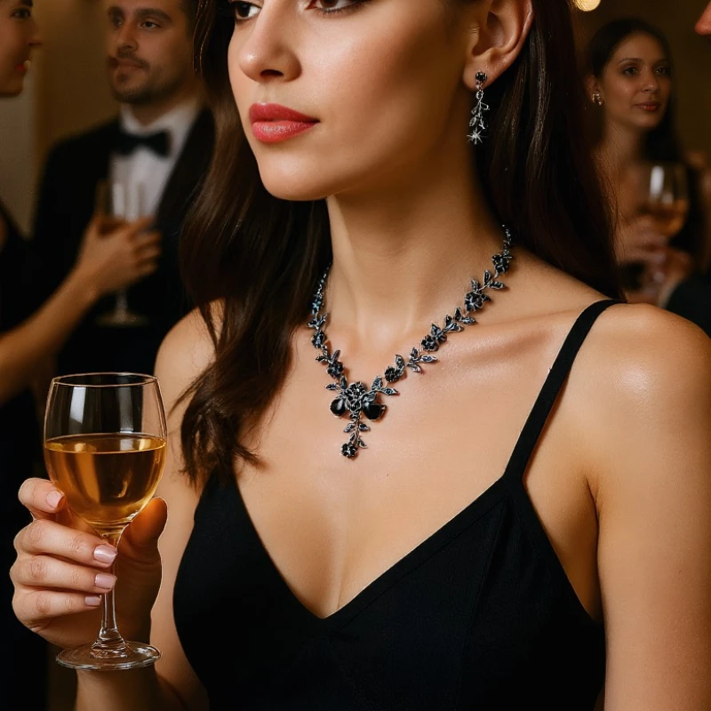 

3pcs Elegant Vintage Jewelry Set for Women Flowers and Branches Necklace Shiny Crystal Choker Bridal Wedding Earrings Party