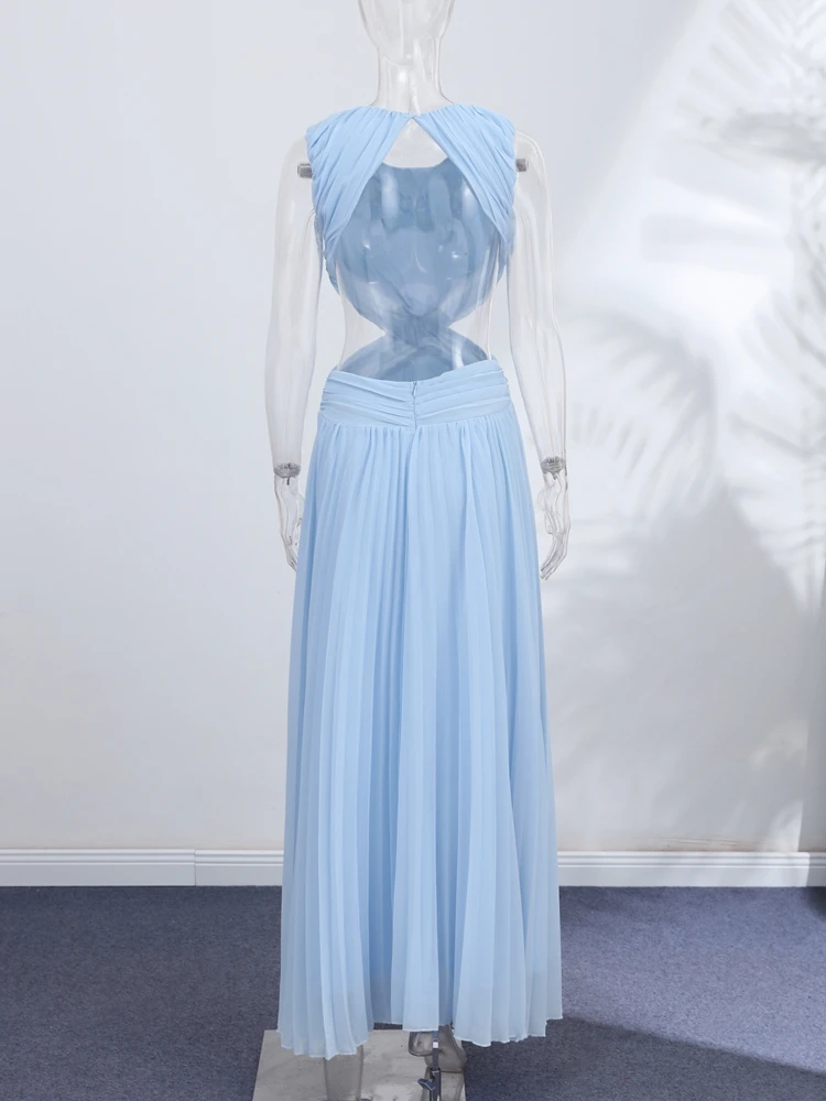 Plissiertes Taillenschnürendes Langes Kleid Damen Sexy Rundhals Ärmellos Rückenfrei Schlankes Party-Abendkleid Charmante Damen-Partykleidung – Detail 4
