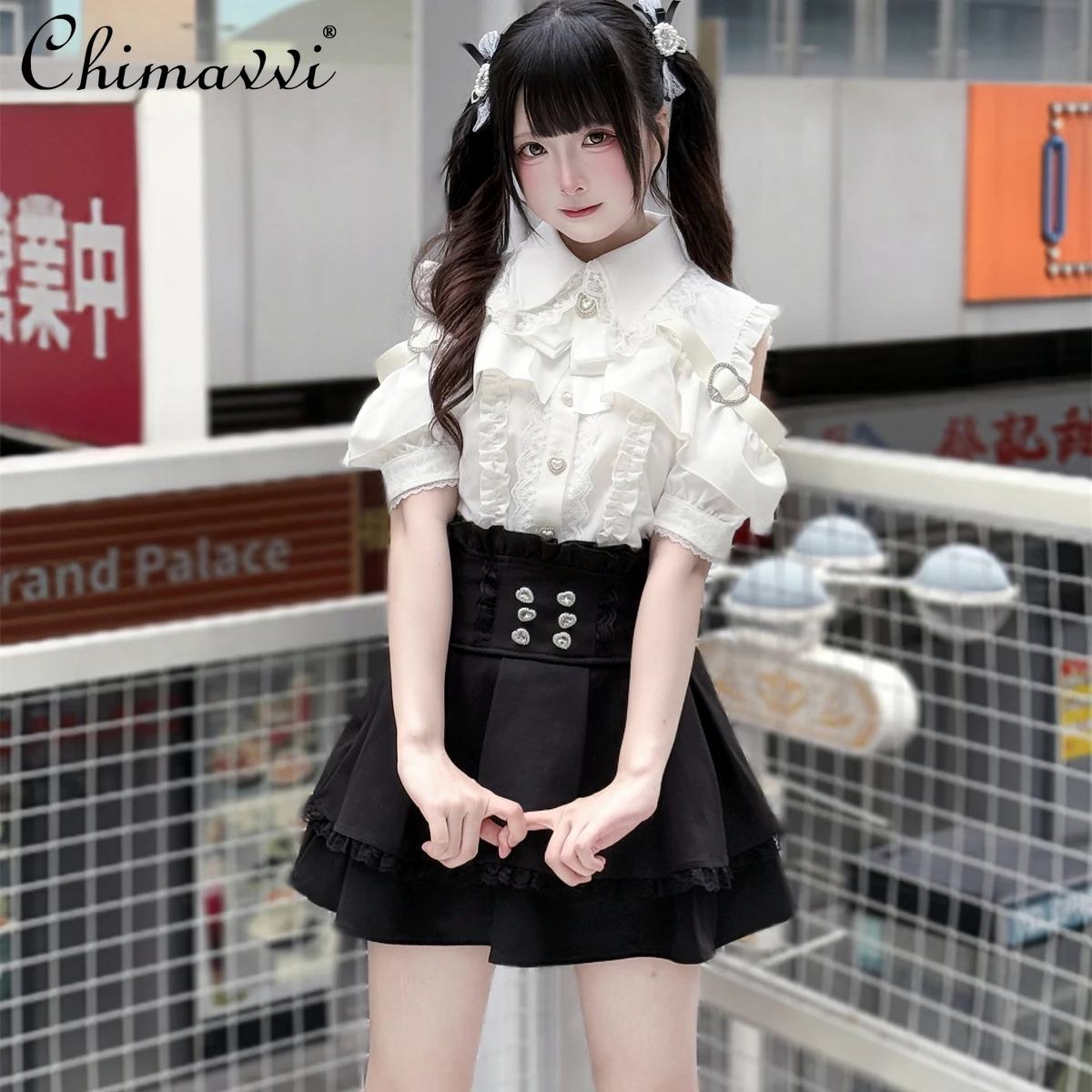 

Оригинальный японский новый кружевной наряд, милые кружевные рубашки с открытыми плечами, топ и юбка из двух предметов, милые комплекты Лолиты для девочек