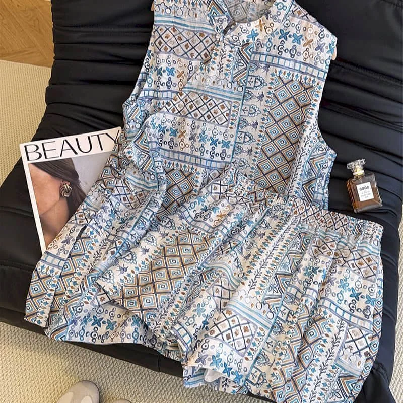 

Shorts Sets Summer Vacation Design O-neck Sleeveless Shirts and Wide Leg Pants French Style Casual Two Piece Sets Women Clothing