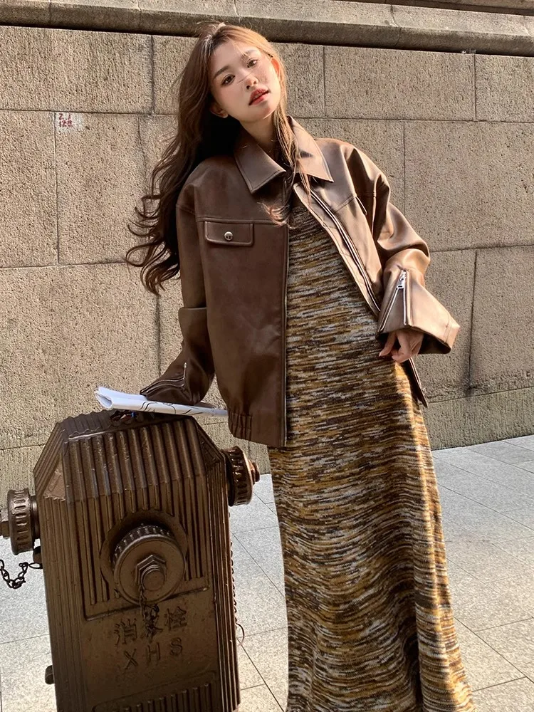 

Карамельно-коричневая женская кожаная куртка в американском ретро-стиле с молнией, свободного кроя, маленький размер, осень-зима, винтажный стиль