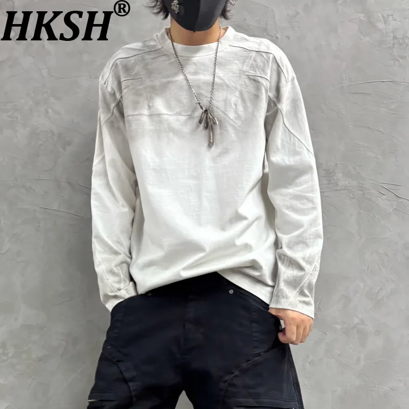 

HKSH весна осень новые мужские винтажные потертые грязные окрашенные лоскутные футболки с длинными рукавами модные модные повседневные пуловеры HK14528