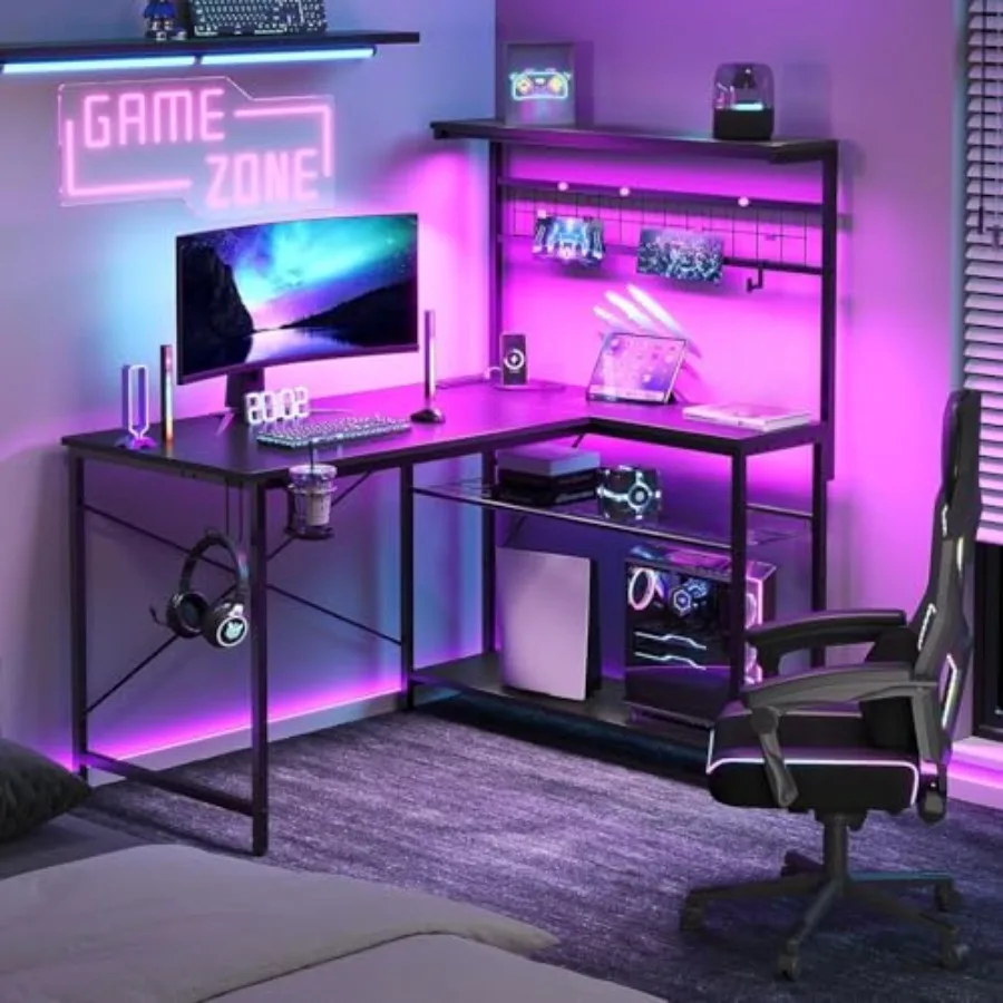 42 L Gaming Desk with Power Outlets and LED Lights for Gaming Setup, Steel Frame, Black, Cable Management and RGB Lighting