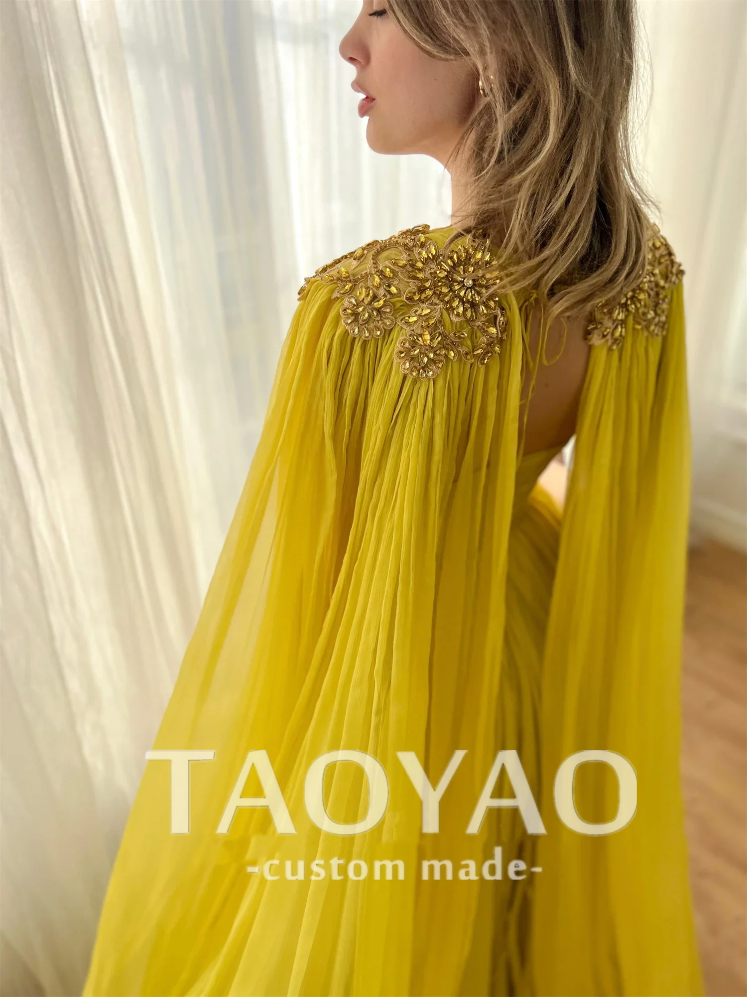 Yellow Chiffon Shawl Ball Gown Line A Graduation Glitter Decoration Wedding Party Dresses Gala Dress 2024 Robe De Soiree Femmes