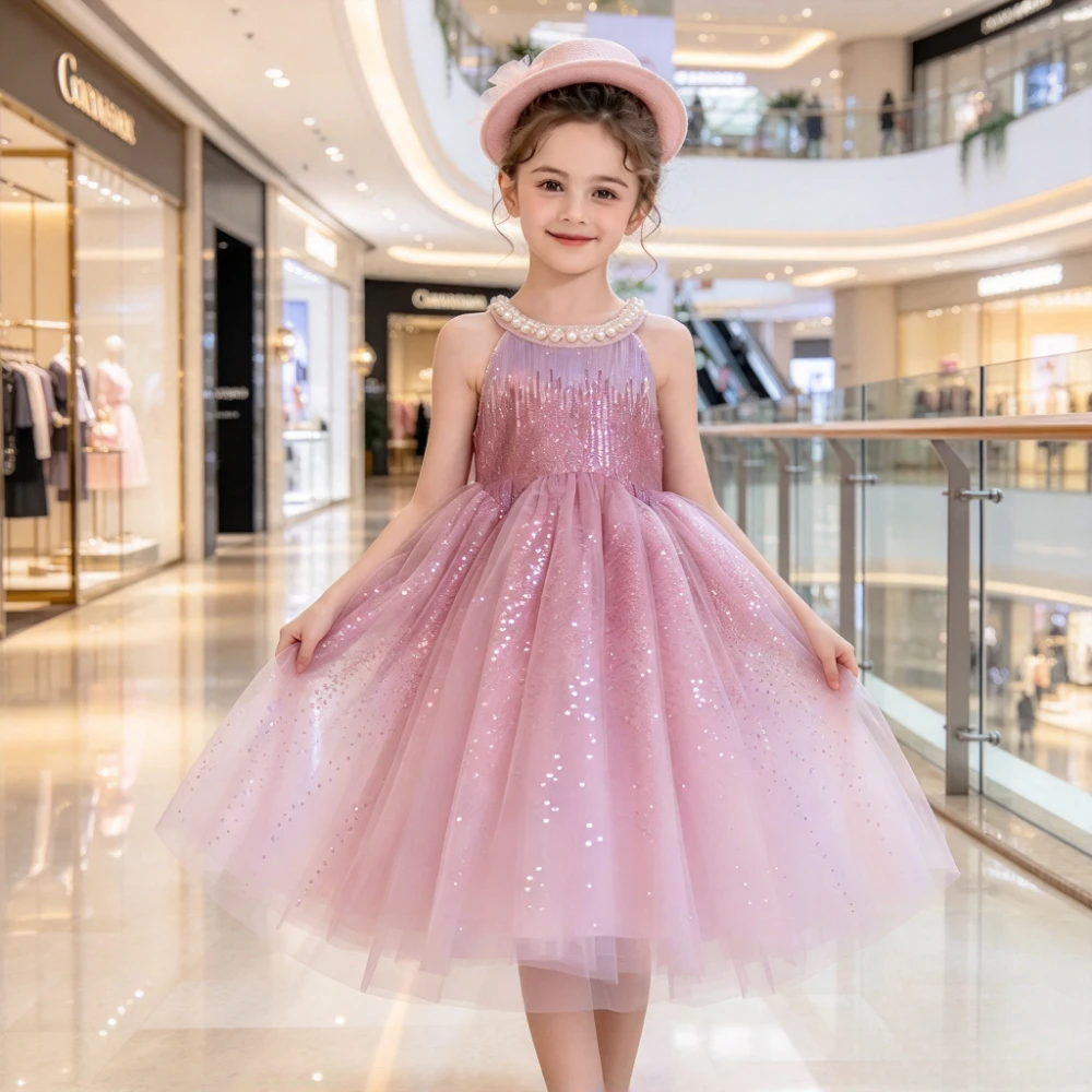 2026 Children Girls Dress New Kids Birthday Summer Pink Tulle Sleeveless Princess Gown Formal Pageant Costume Party Fashion