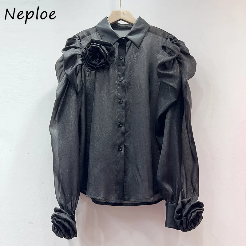 Neploe 2024 Autumn Gentle Temperament  Three-Dimensional Flower PU Splicing Shirt Femme French Sweet Style Puff Sleeves Bluses