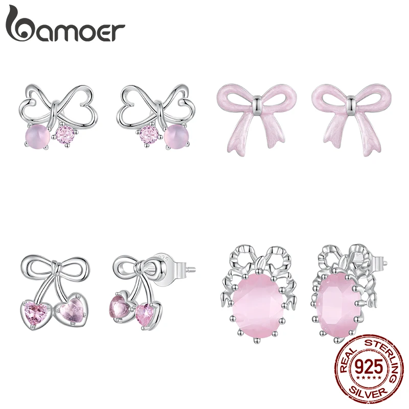 

Серьги-гвоздики Bamoer из настоящего серебра 925 пробы с розовым бантом для женщин, с кубическим цирконием в форме сердца и вишни, отличные украшения для повседневной носки