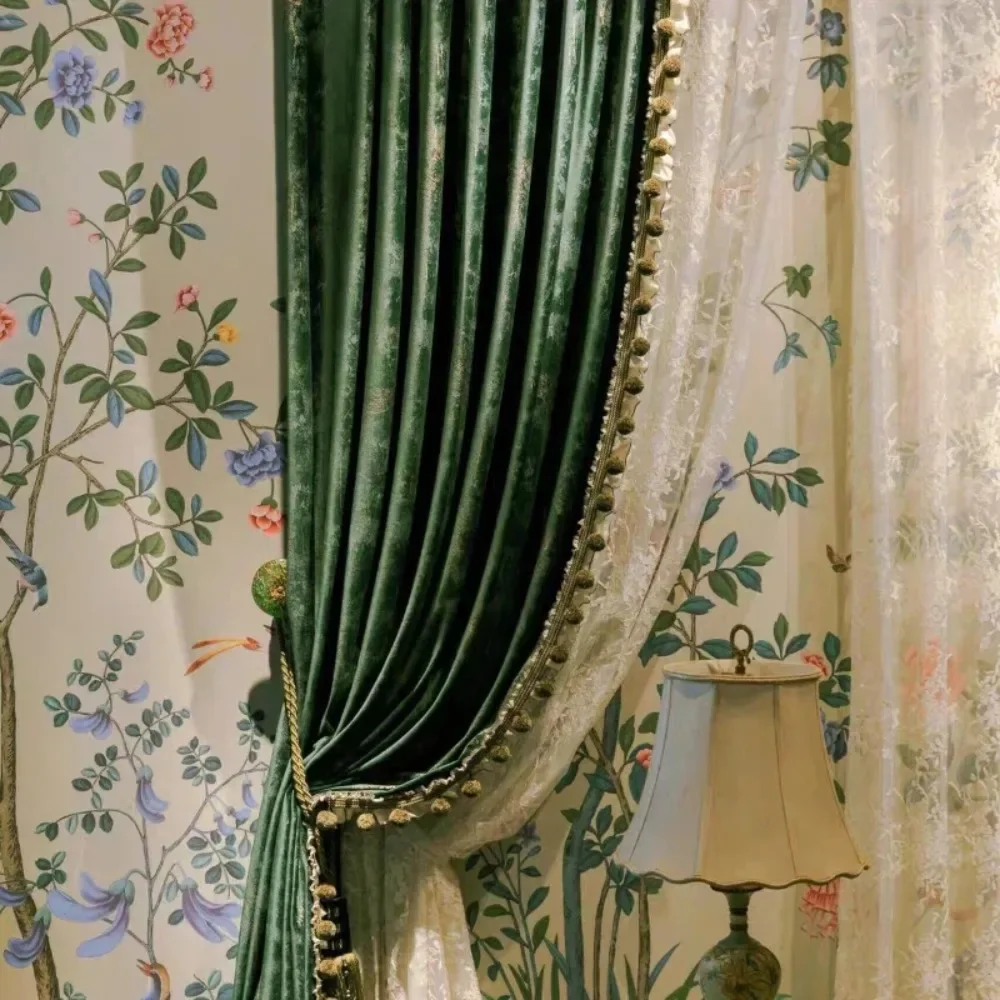 

Винтажные темно-зеленые золотые шторы на заказ, готовые шторы для гостиной, столовой, спальни, тисненые бархатные затемняющие роскошные шторы