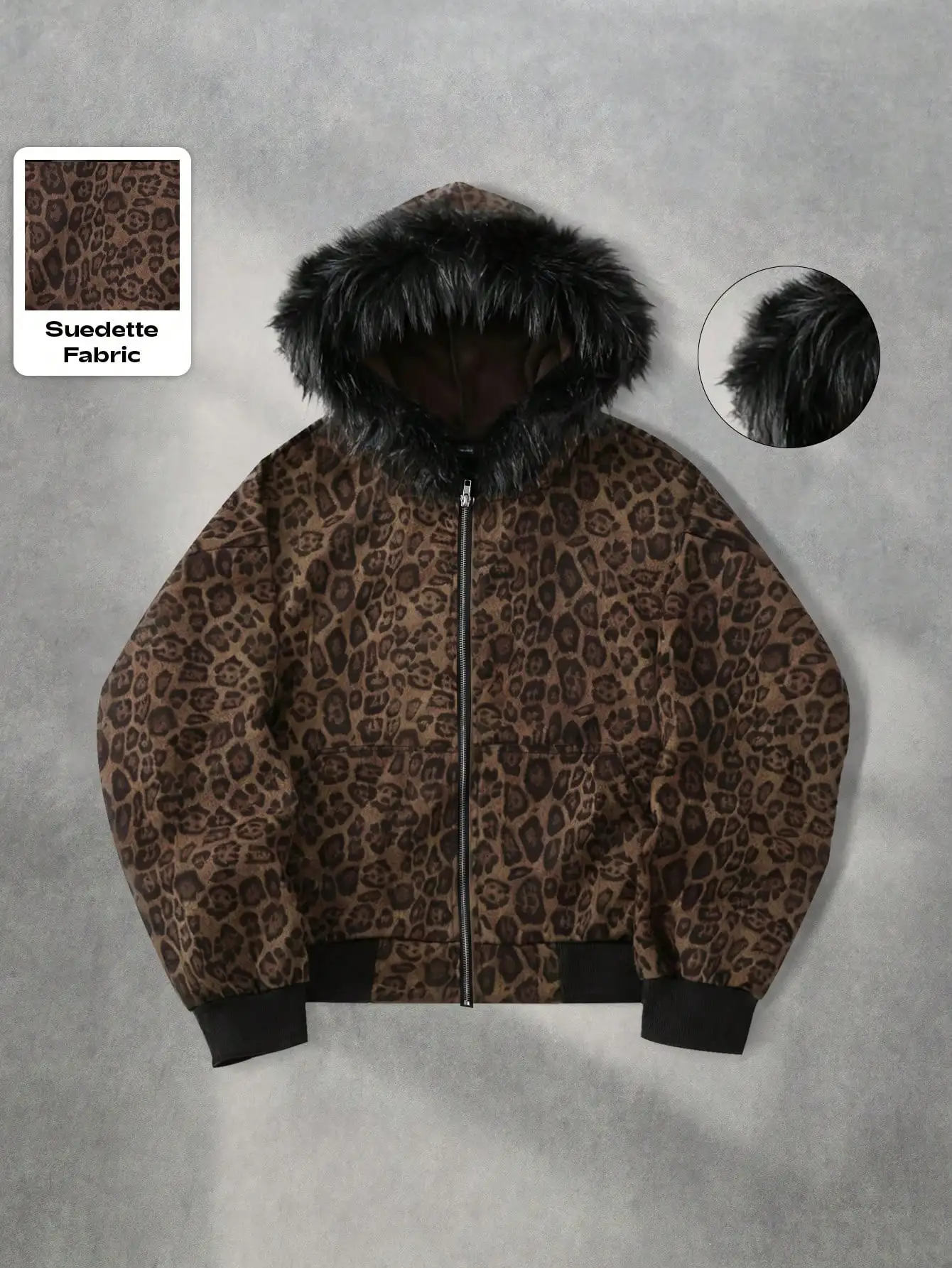 

Men's Leopard Print Suedette Zip-Up Hooded Jacket with Faux Fur Trim