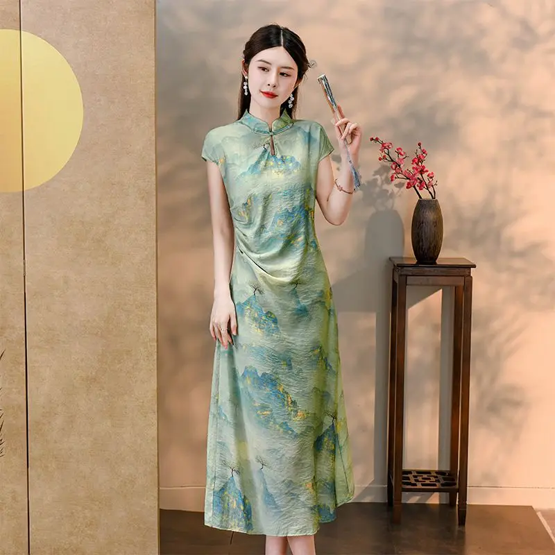 Qipao-Robe Cheongsam Décontractée et Élégante pour Femme, Streetwear à la Mode, Style Ethnique Chinois, Été