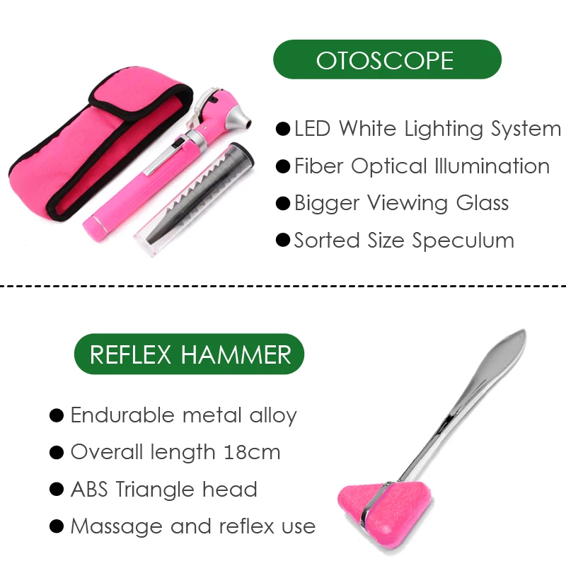 Pink Health Monitor Storage Pouch Accessory Package with Medical Doctor Stethoscope Tuning Fork Reflex Hammer LED Penlight Tool