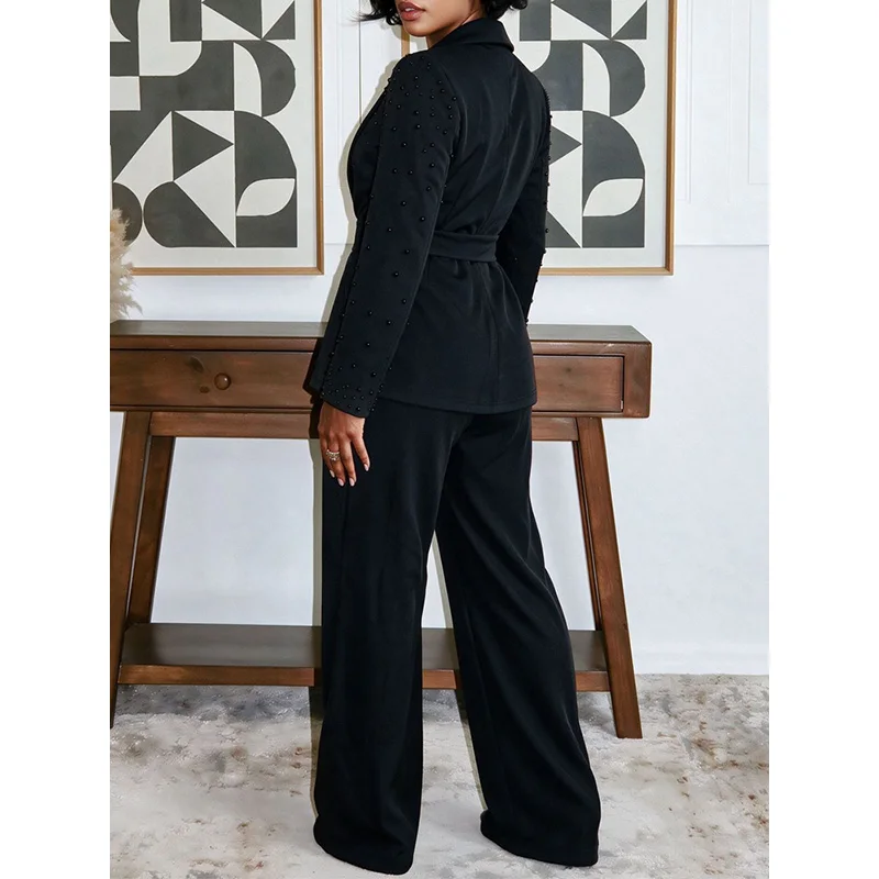 Slergiri Women's Autumn Two Piece Set Pearl Beading Long Sleeved Belted Blazer + Pants Elegant Office Ladies Suit Sets Workwear