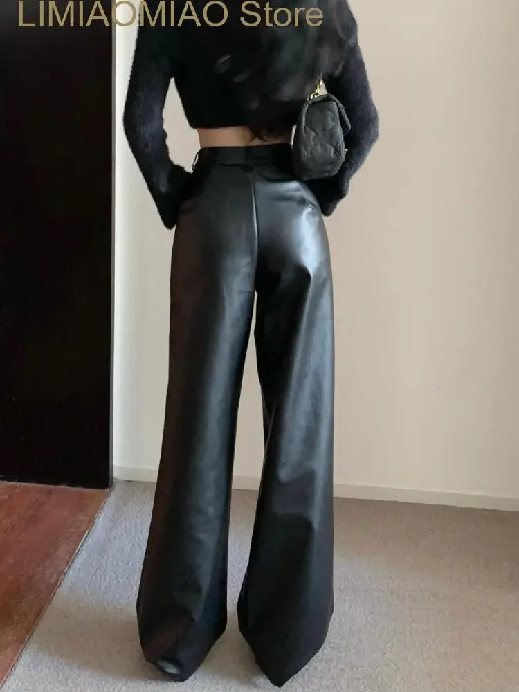 Nuevos pantalones de cuero negro para mujer, pantalones holgados informales elegantes de cintura alta, moda coreana para mujer, pantalones rectos de pierna ancha para invierno