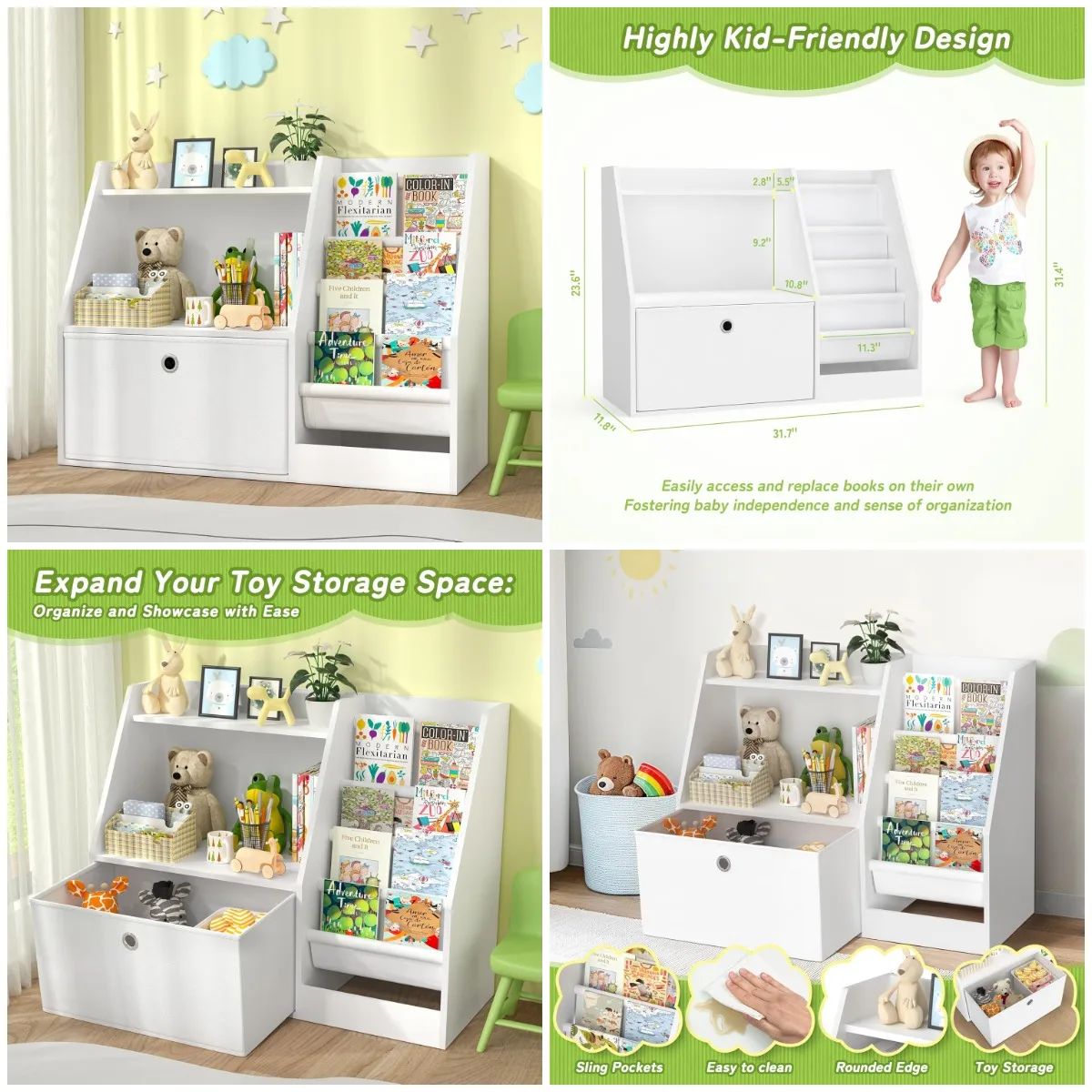 

Kids Bookshelf, 2-Tier Wooden Book Storage Organizer, White, for Bedroom, Living Room, Nursery