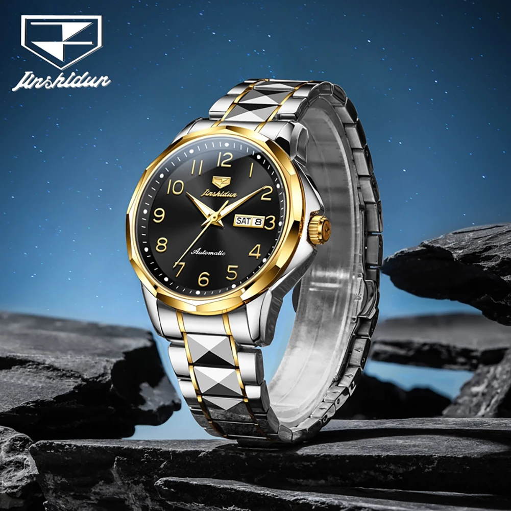 

JINSHIDUN 8990 Brand original authentic tungsten steel strap double calendar men's mechanical watch