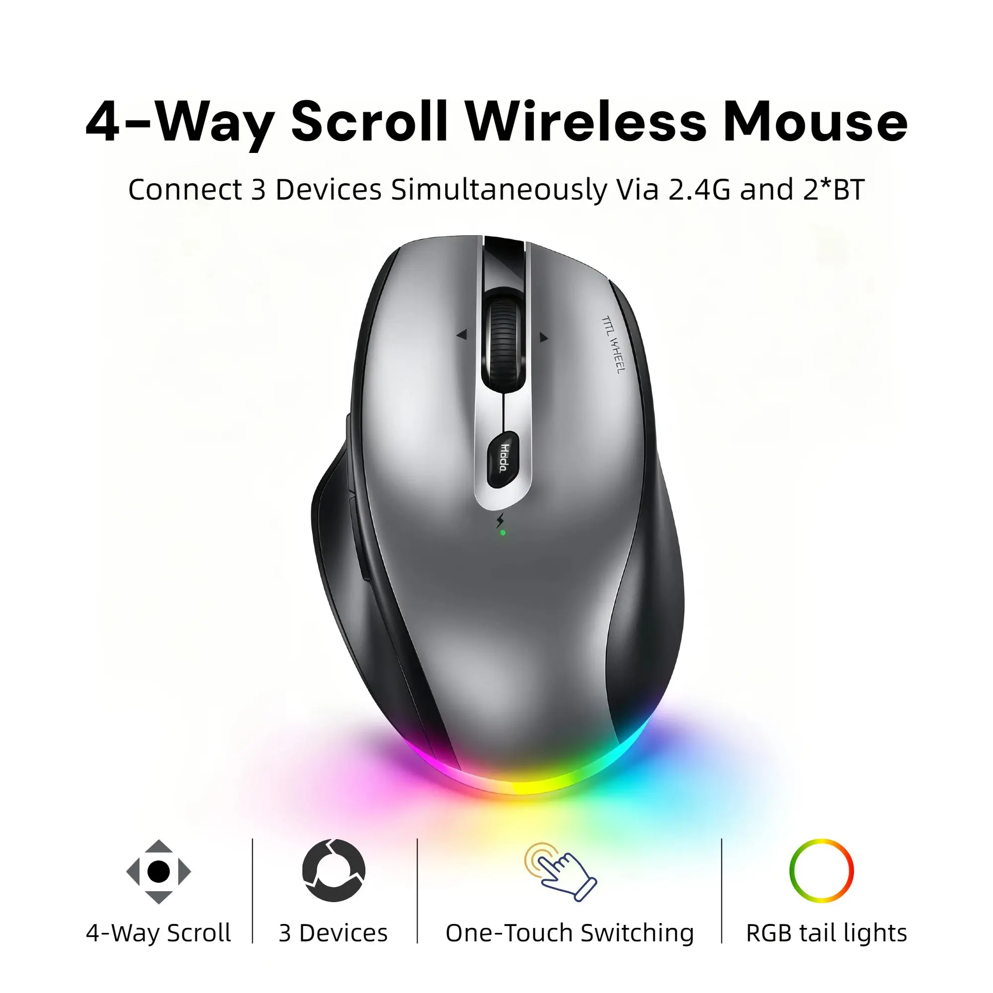 Wireless Mouse Tri-Mode Bluetooth 2.4G, 90-Day Battery Life USB-C Rechargeable, 4-Way Scroll RGB Ergonomic Right Hand Mouse, 3 Device Switching, 4 DPI Adjustable for Laptop PC Mac