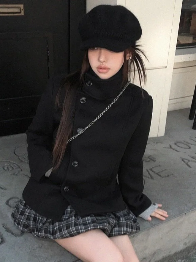 Retro Stand Collar Short Black Woolen Jacket Women's Slimming Autumn Winter Fashionable Small Size Tweed Top