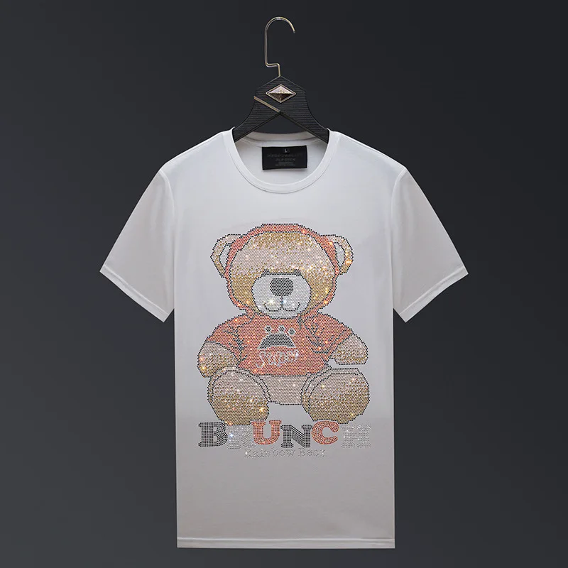 2024 Rhinestones Bear Cartoon T Shirts Men Summer Clothes Fashion Streetwear O Neck Short Sleeve Thin T-shirt Camisa Masculina