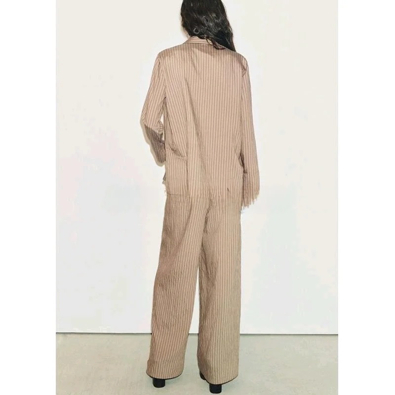 

Новый весенний женский комплект из длинных брюк в полоску с воротником-стойкой и брюками, модные длинные брюки, дизайн на пуговицах