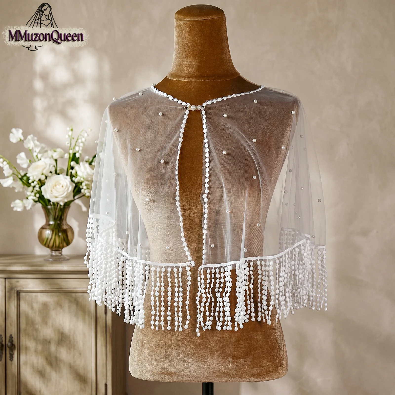 TOPQUEEN Bolero Woman Wedding Tulle Crop Top Lace Tassel Cardigan Pearl Button Top Blouse Noiva AcessóRios Customizable VG140
