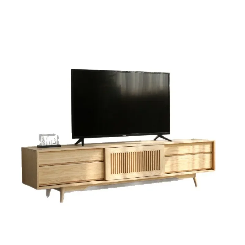 

Ash wood TV cabinet, solid wood log grille cabinet, low storage in the living room