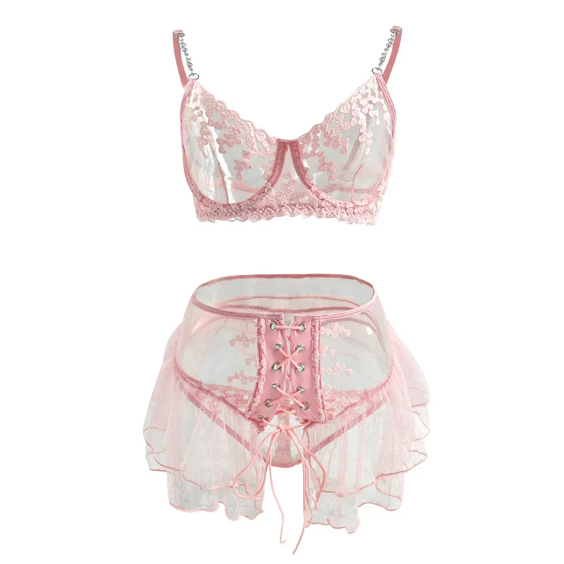 Sexy Pink Lace Embroidery Perspective Lingerie Set Women\'s Sweet Pure Desire Underwear Female See Through Bra Three Piece Suit