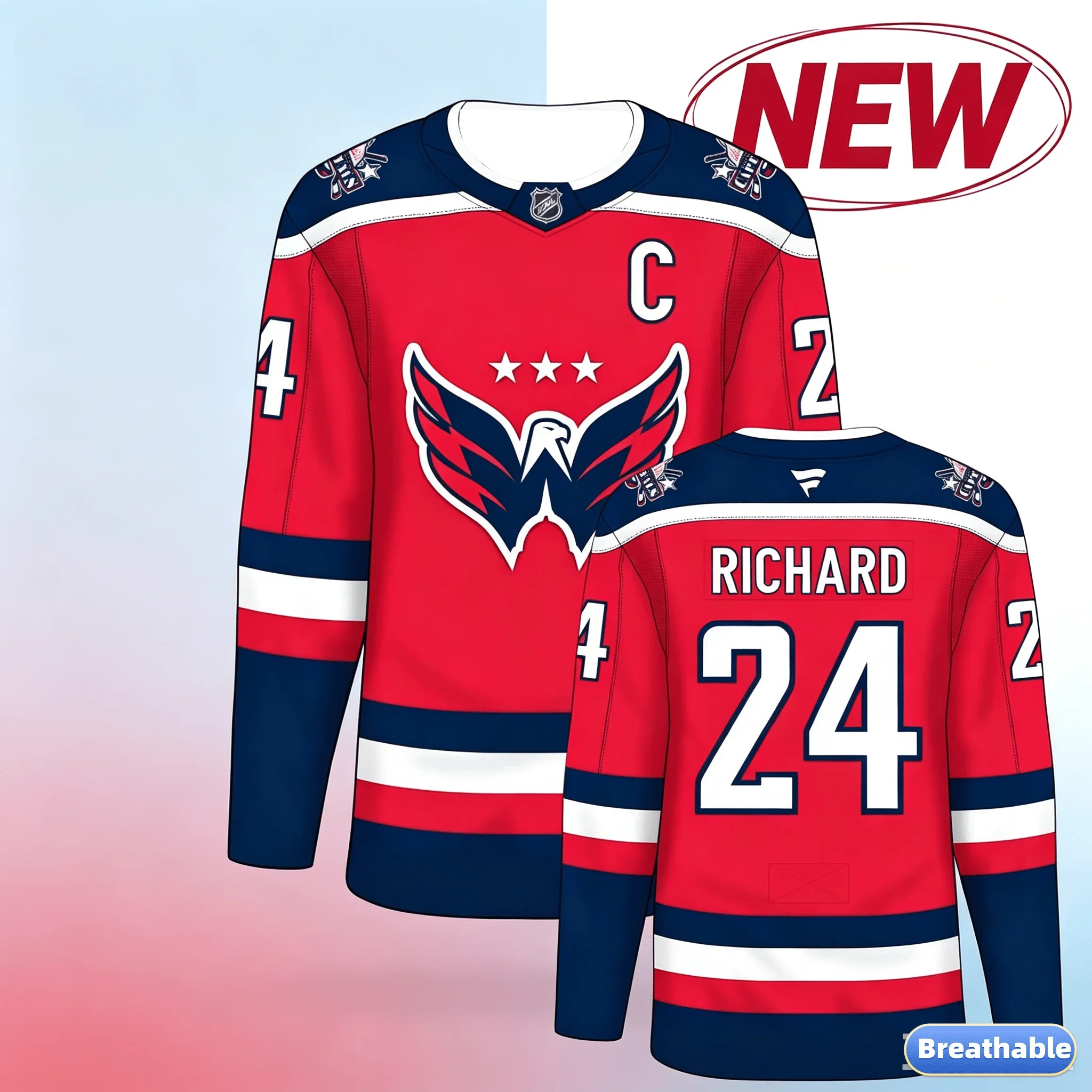 2026 Washington Capitals Custom Ice Hockey Jersey Breathable Quick Dry Performance Fabric with Eagle Logo Print Number 24 Tops