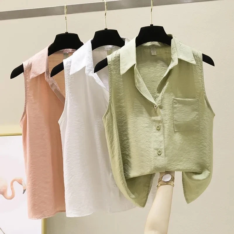 Ärmellose solide lässige Polo-Ausschnitt einreihige Weste lose Frauen Bluse Hemd koreanische Mode weibliche Kleidung Tops 2024