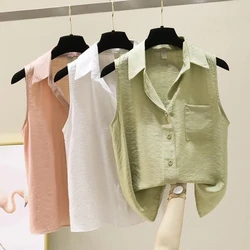 Sleeveless Solid Casual Polo-Neck Single Breasted Vest Loose Women's Blouse Shirt Korean Fashion Female Clothing Tops 2024