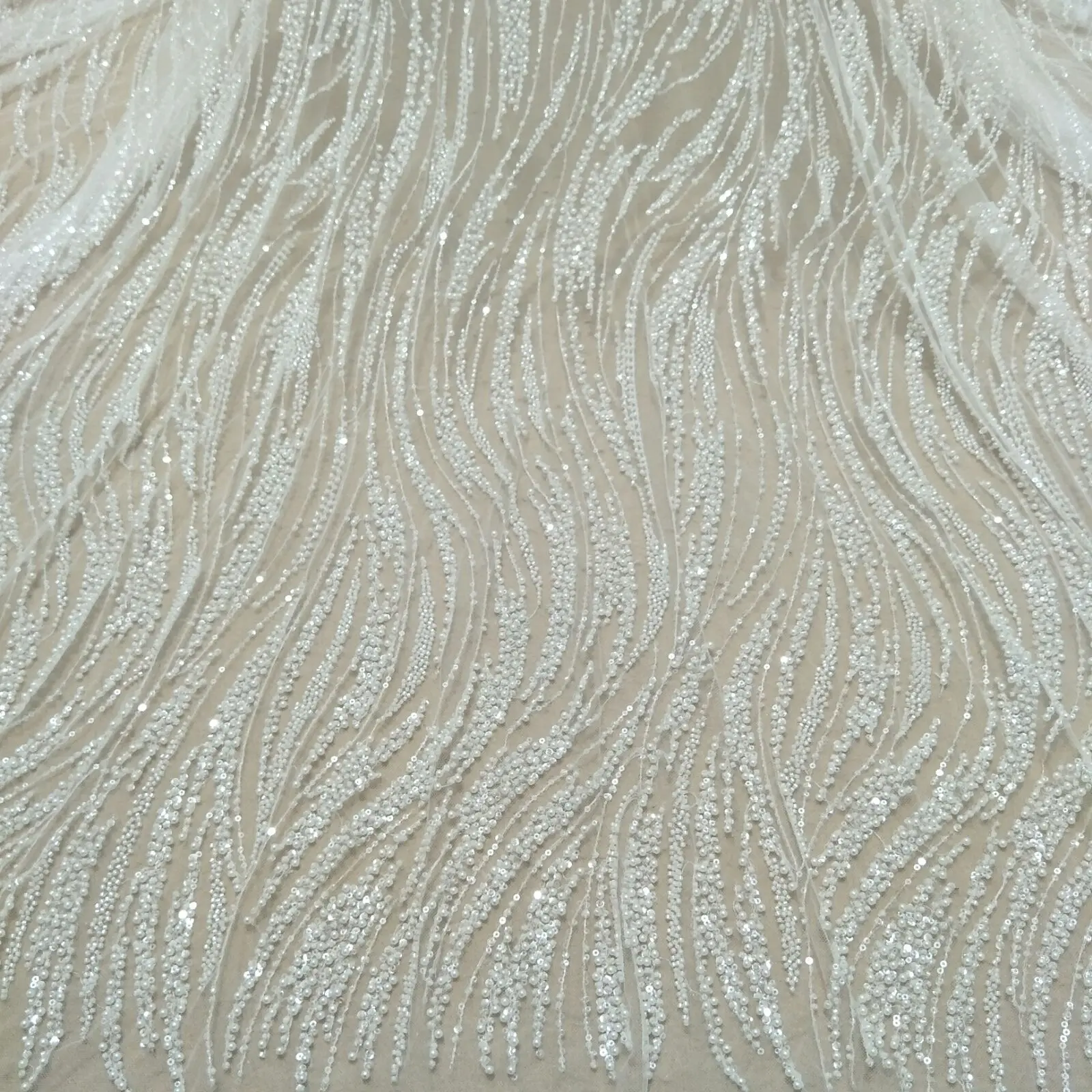 Ivory Beads Lace Fabric with Sequins, Wedding Dress, Bridal Dress, Newest, High Quality, Sale by Yard, 2024