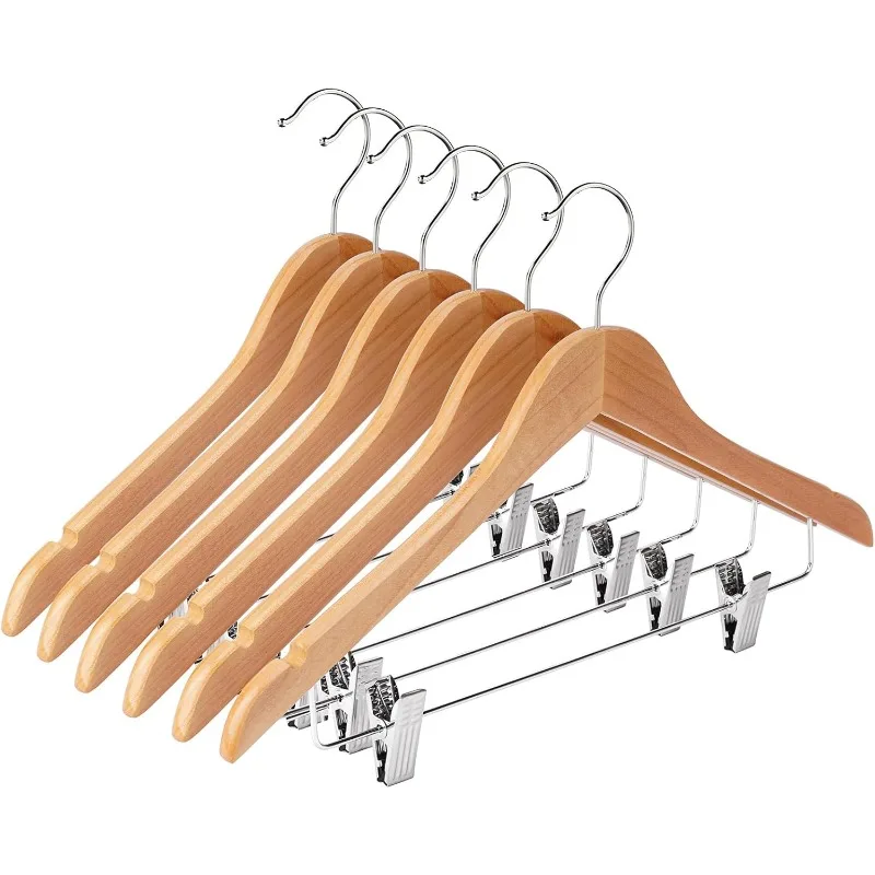 Wooden Hangers with Clips 24 Pack Wooden Pants Hangers,Skirt Hangers with Clips,Adjustable Heavy Duty Clip Hangers