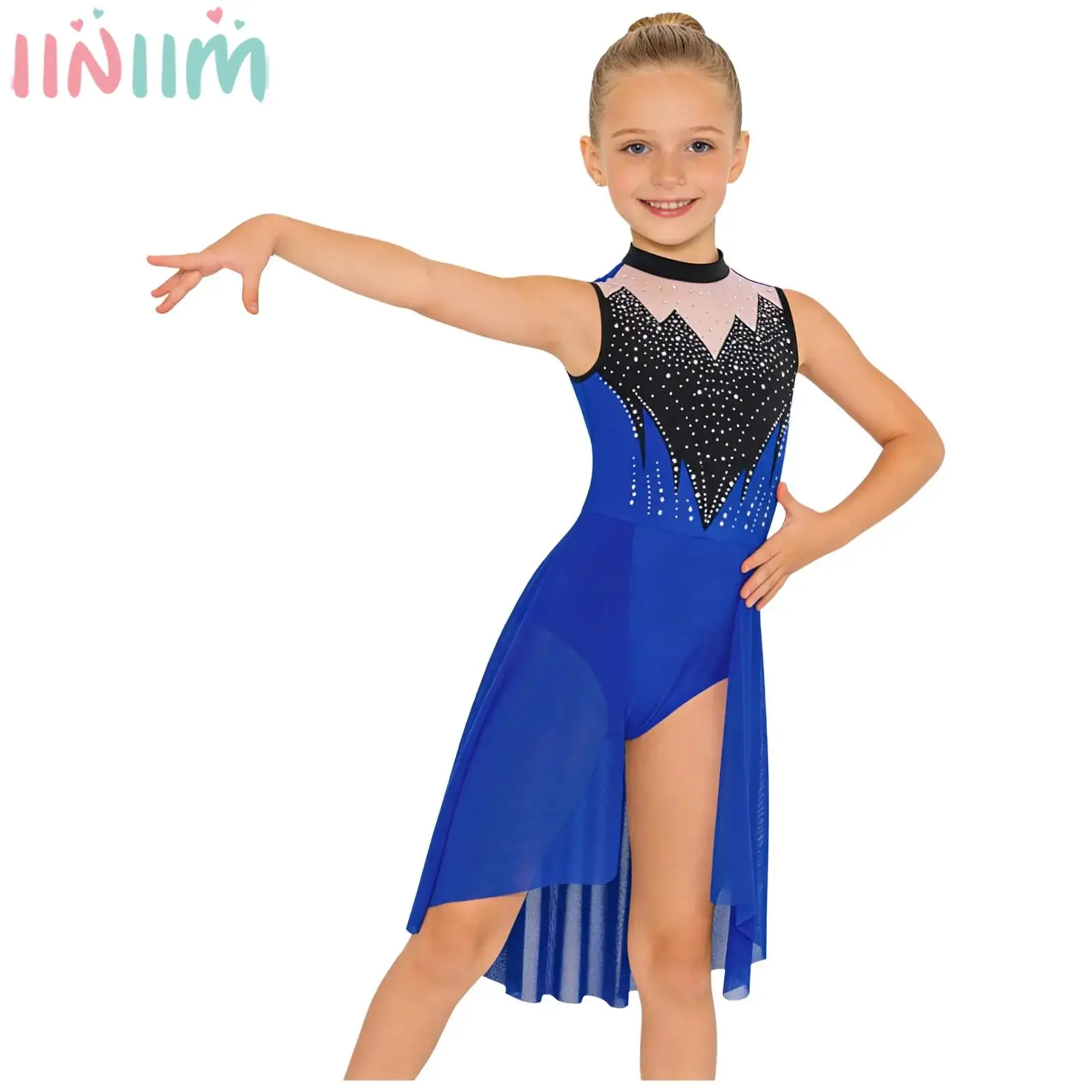 Children Girls Lyrical Dance Dress Figure Skating Gymnastics Acrobatics Costume Sleeveless Mesh Overlay Rhinestones Leotard Tutu
