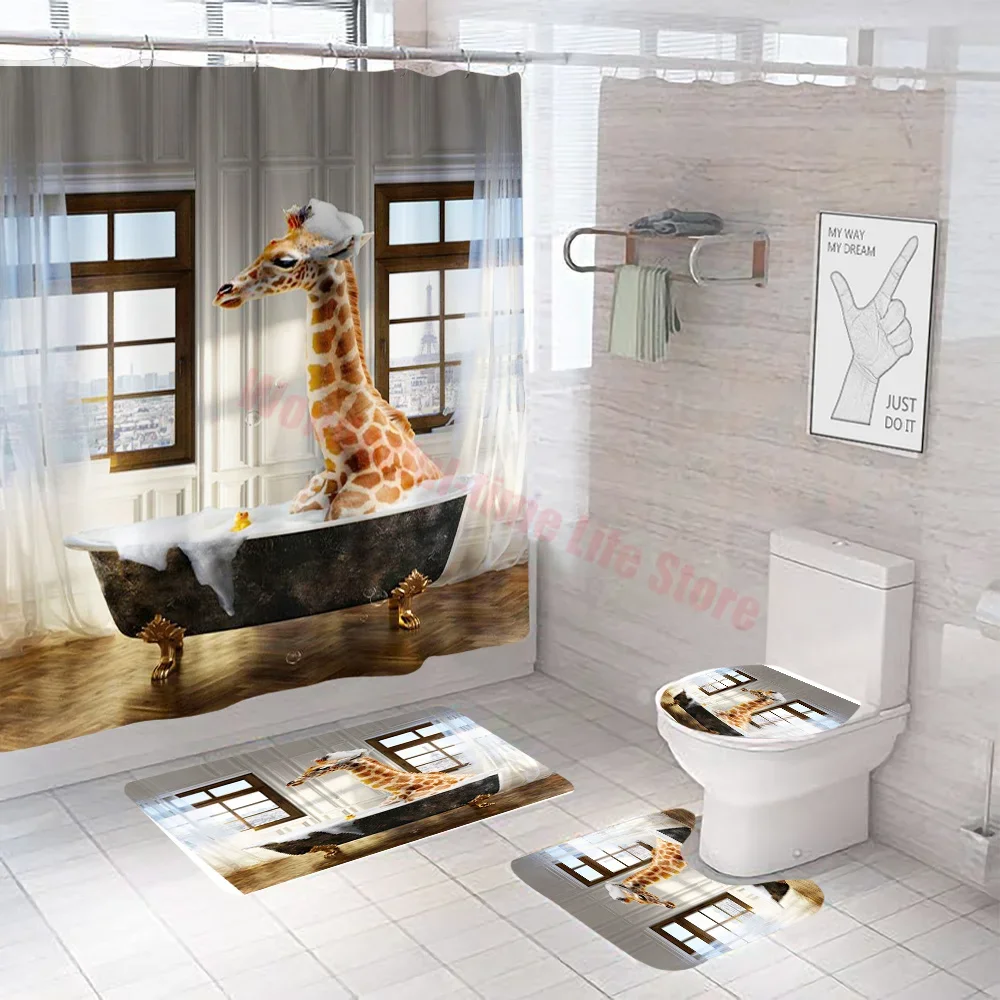 Vintage Bathtub Animal Alpaca Waterproof Shower Curtain Set 12 Hooks Bathroom Curtain Giraffe Bear Child Bath Mildew Proof Decor