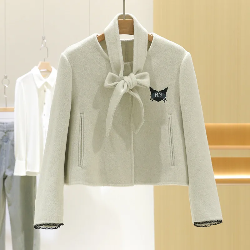 

Women's Autumn Winter Elegant Wool O Neck Long Sleeve Loose Short Coat Lady Lace Patchwork Single Breasted Wool Outwear