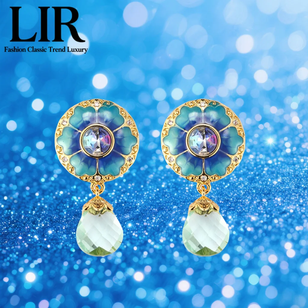 

LIR Court Style Blue Flower Enamel Earrings Green Glaze Crystal Precision Cut Tassel Romantic Feminine, Gift Box Free Shipping