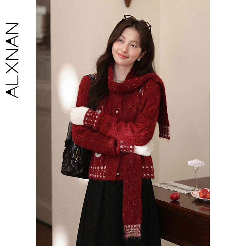 

ALXNAN женские красные свитера винтажные лоскутные жемчужные пуговицы вязаные кардиганы осенняя мода универсальная короткая верхняя одежда L58258