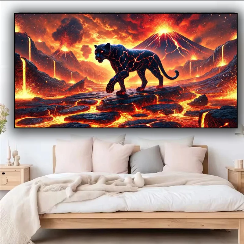 Black Panther Volcano Landscape Diy Diamond Painting New 2025 mosaic Full Square round diamond Embroidery Animal home decor Gift