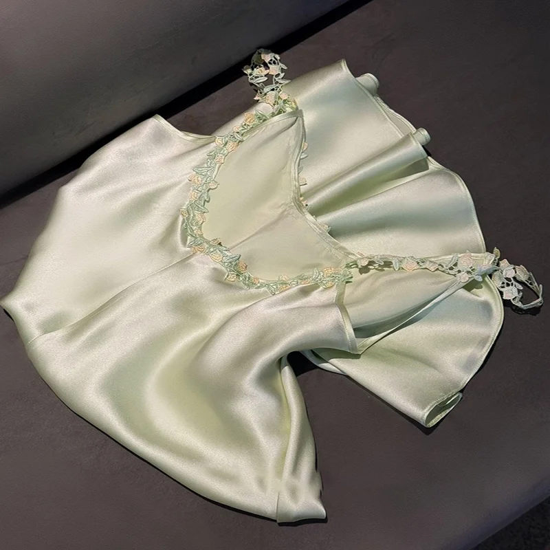 Pure and Sexy Shoulder Embroidered Lace Nightgown for Women Summer New Light Luxury Thin Ice Silk Solid Color Pajamas for Home