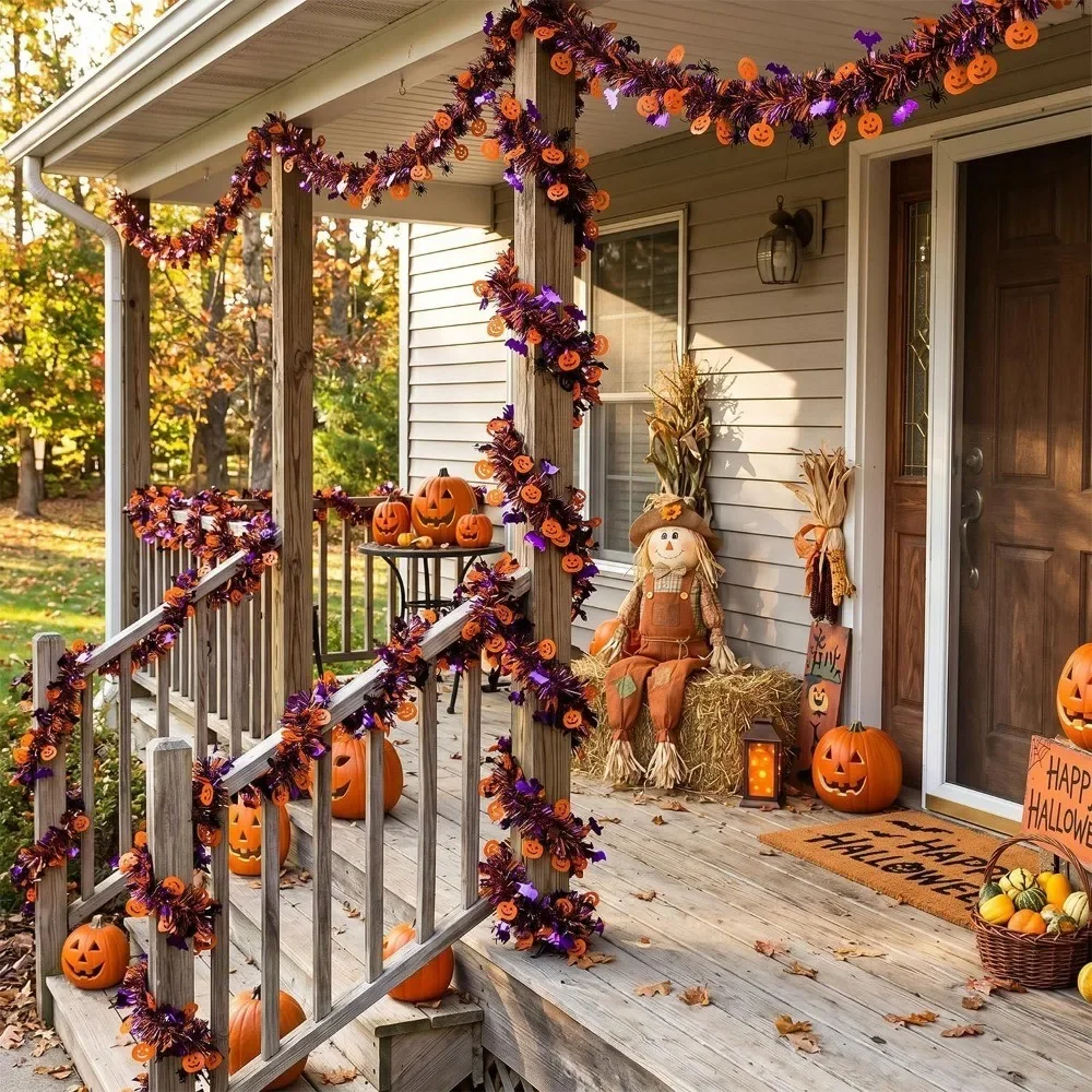 2/4M Schwarz-Orange Halloween-Girlande mit Kürbis-Ausschnitt, Gruselige Hängedekoration für Haustür, Outdoor-Halloween-Party-Zubehör – Detail 5