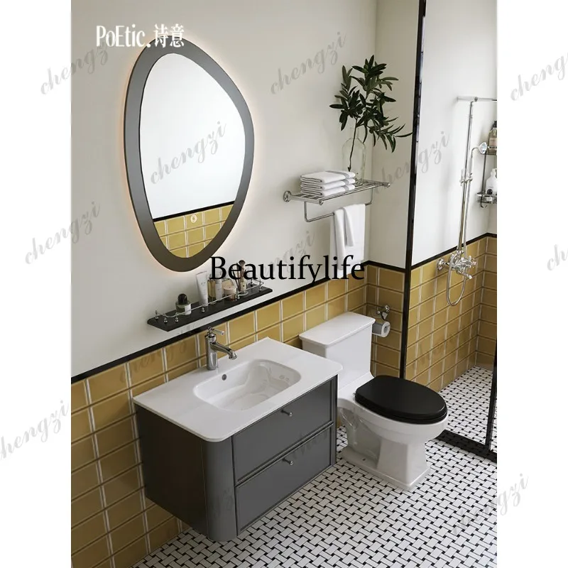 French retro style solid wood washbasin, oak bathroom cabinet combination medium and ancient style washbasin