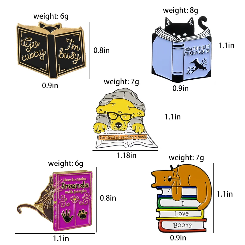 I Love Books Enamel Pin Custom Dog Cat Brooches Bag Clothes Lapel Pin Animal Reading Badge Puppy Jewelry Gift for Kids Friend