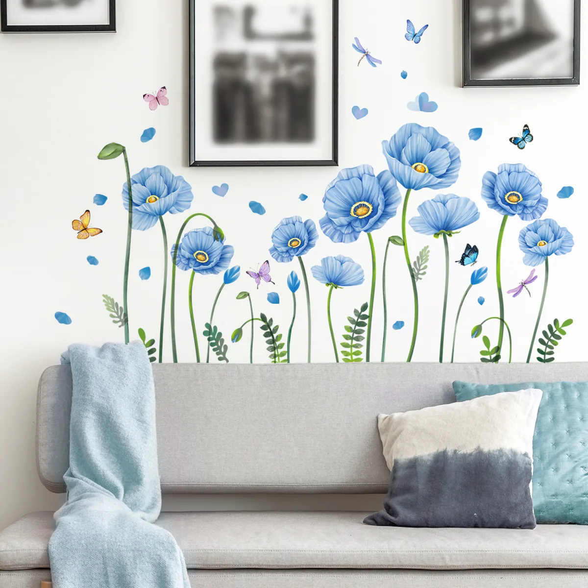 Adesivos de parede Blue Plant Flower and Butterfly, Sala de fundo, Mural decorativo para casa, Papel de parede, Ms4300, 2pcs