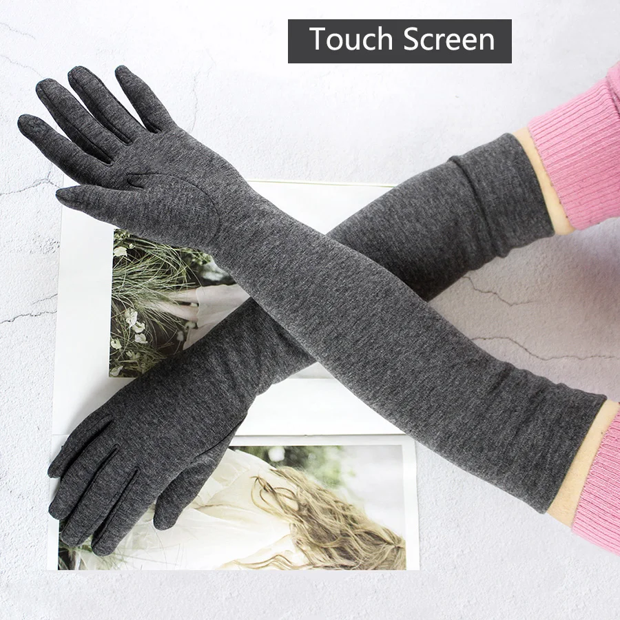 Long Gloves Women\'s Knitted Cotton Elastic Sun Protection Fashion Simple Brushed Lining Autumn and Winter Warm Sleeves