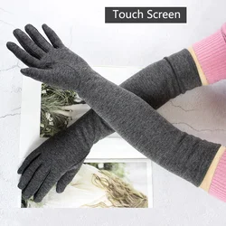 Long Gloves Women's Knitted Cotton Elastic Sun Protection Fashion Simple Brushed Lining Autumn and Winter Warm Sleeves