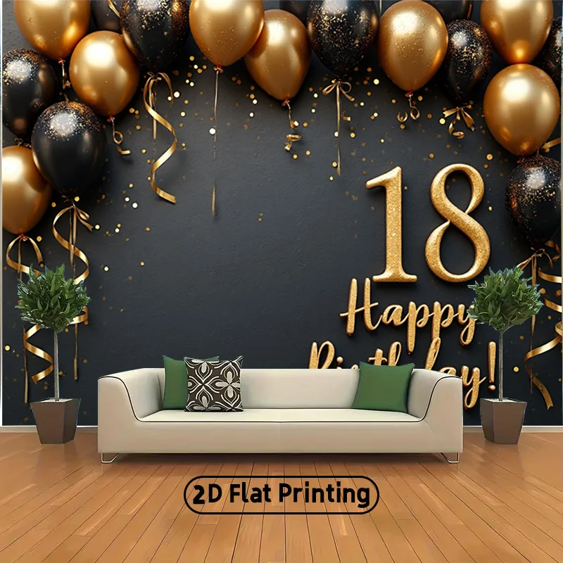 VIKAMA 18th Happy Birthday Tapestry Black Gold Balloon Backdrop Adult Birthday Party Photo Booth Decor